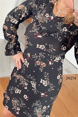 Fırfır Detay Likralı Krep Elbise