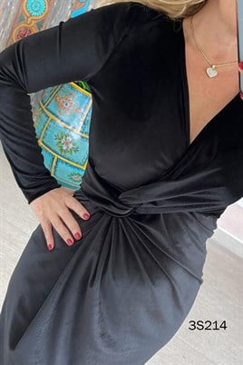Kruvaze Yaka Kadife Elbise