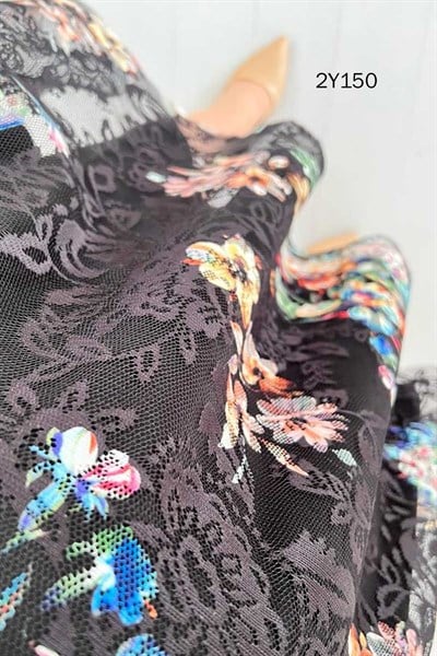 Tül Garnili Dijital Çiçek Baskılı  Dantel Elbise